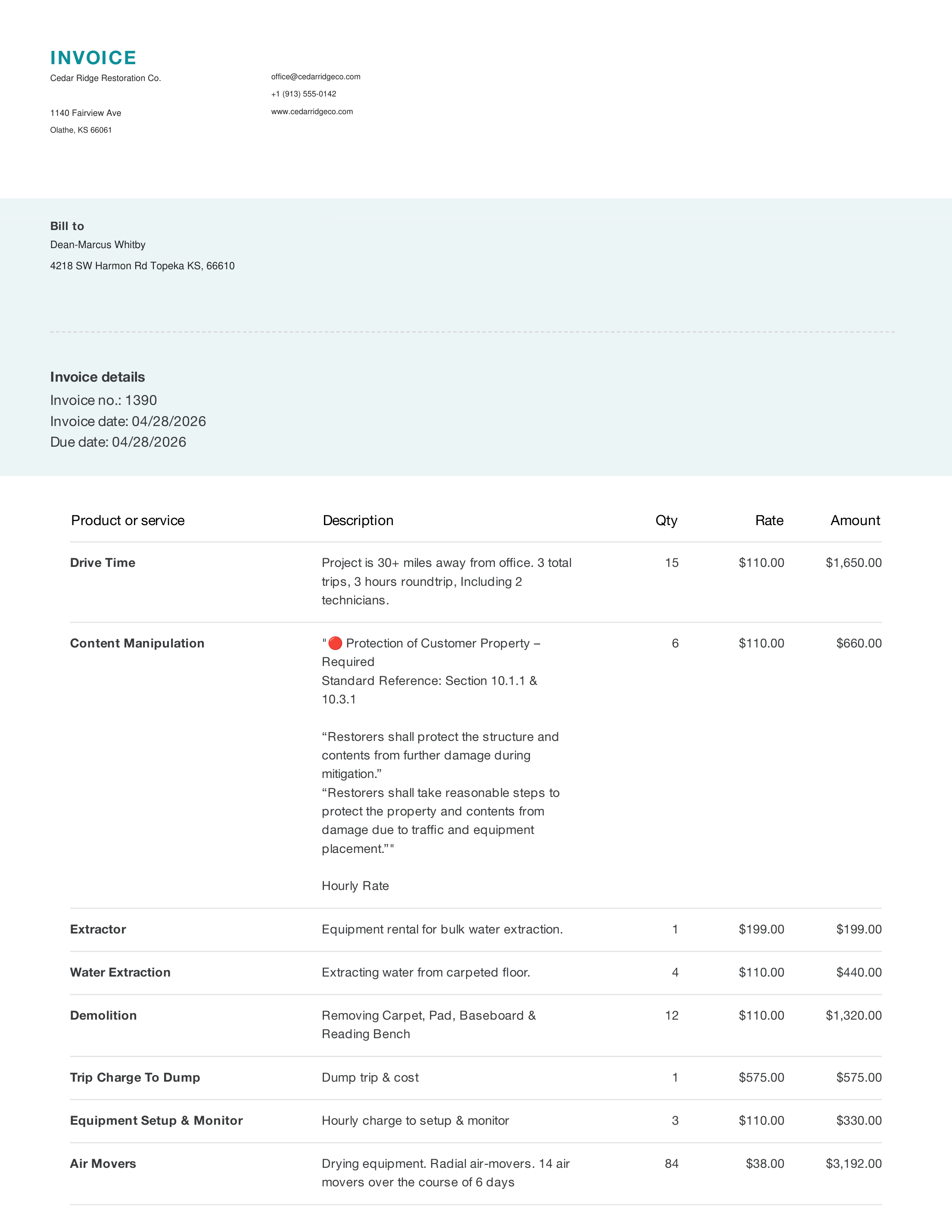 A restoration invoice. Line items with quantity, rate and amount. The published standard is typed into a description box as free text.